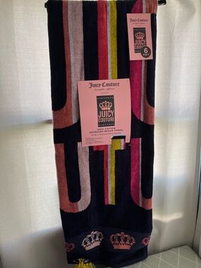 Juicy Couture Navy, Pink and Yellow Striped Cotton Beach Towel